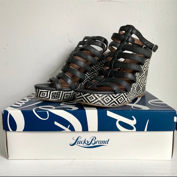 Lucky Brand Labelle' Caged Black And White Wedge Platform Sandal Size 8 1/2 - Picture 3 of 12